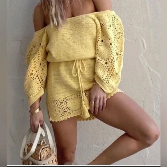 NWOT SPELL Let the Sunshine In Crochet Mini Dress. Color Lemon. Size Medium - Picture 2 of 11